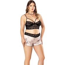 Hotflirt Nightlight 3562 Büyük Beden Altı Desenli Üstü Dantel Şortlu Gecelik - Çok Renkli - 3xl