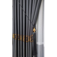 Pano Fon Perde Koyu Gri ve Altın Şeritli Tek Kanat Sık Pileli Jakarlı Modern Desenli