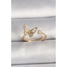 Ezo Concept Pirinç Gold Renk Zirkon Taşlı Kelebek Model İnci Detay Ayarlanabilir Yüzük