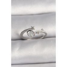 Clariss Pirinç Gümüş Renk Zirkon Taşlı Beyaz Mineli Yıldız Detay Ayarlanabilir Kadın Yüzük