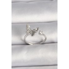 Ezo Concept Pirinç Gümüş Renk Zirkon Taşlı Kelebek Model İnci Detay Ayarlanabilir Yüzük