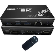 Kumandalı 2 Port 8k Hdmı+Usb3.0+Ethernet Kvm Switch 2 Bilgisayar 1 Monitör