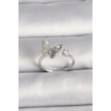 Pirinç Gümüş Renk Zirkon Taşlı Kelebek Model Inci Detay Ayarlanabilir Yüzük