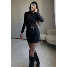 Metal Toka Detaylı Bordo Mini Elbise