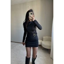 Metal Toka Detaylı Bordo Mini Elbise