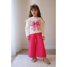 Miniğimin Cicileri Fiyonk Baskılı Omuz Detaylı Sweat Gabardin Pantolon kız çocuk takım - Pembe