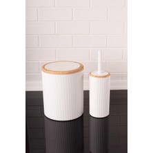 Flora Bambu Desen Modern 5'li Banyo Seti Beyaz Çizgi Detaylı