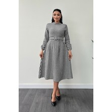 Kazayağı Desenli Midi Elbise - Siyah