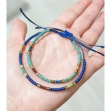 Funny Takı Hematit Doğaltaşlı Mat Lacivert ve Desenli Turkuaz Rengi Miyuki Round Boncuklu Ikili Bileklik