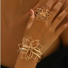 SE Jewellery Gold Büyük Çiçek Motifli Kelepçe Yüzük Set