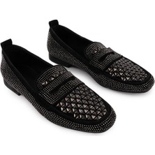 Emel Ayakkabı  Taşlı Şık Babet Siyah Süet 8050