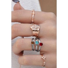 Renkli Taşlı 18 Ayar Beyaz Altın Kaplama Gümüş Yüzük
