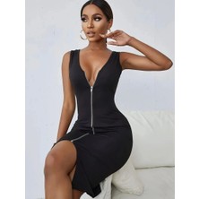 Zip-Up Bodycon Tank Elbise,  V Yaka Kolsuz Diz Boyu Tank Elbise, Kadın Giyim