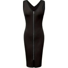 Zip-Up Bodycon Tank Elbise,  V Yaka Kolsuz Diz Boyu Tank Elbise, Kadın Giyim