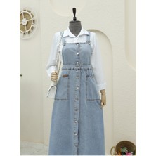 Boydan Düğmeli Çift Cepli Kot Salopet -Buz Mavi