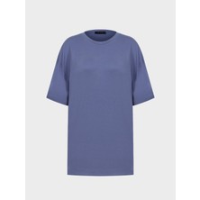Oversize Dökümlü Viskon T-Shirt - Mavi