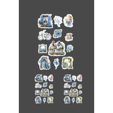 Minithingsart Blue Lady -12 Parçalı - Vintage Mavi Sticker Set -3 Adet- Parlak Kağıt