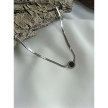 Luna Jewelry Kadın Gümüş Renk Roma Rakamlı Siyah Taşlı Italyan 316 L Çelik Zincir Kolye