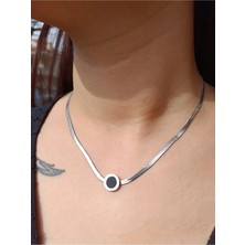 Luna Jewelry Kadın Gümüş Renk Roma Rakamlı Siyah Taşlı Italyan 316 L Çelik Zincir Kolye