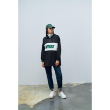Siyah Kadın 3 Iplik Baskılı Bisiklet Yaka Ön Düğmeli Sweatshirt