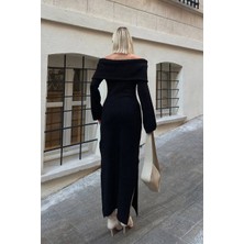 Saraylı Kadın Triko Elbise Madonna Yaka Uzun Boy Yırtmaç Detay Akrilik Yün Karışımı Premium Örme