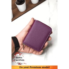 Unisex Vegan Deri Fermuarlı Mor Cüzdan Kartlık ve Portföy Hediye Paketinde