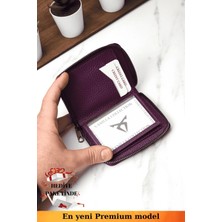 Unisex Vegan Deri Fermuarlı Mor Cüzdan Kartlık ve Portföy Hediye Paketinde