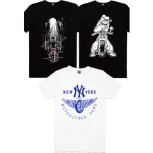 Rock&Roll Ny Moto Club Beyaz, Temel Motor, Yalnız Kovboy Erkek Tişört 3'lü Eko Paket
