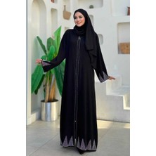 Bym Fashion Taş Detaylı Fermuarlı Ferace 3918 Siyah-Gümüş