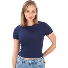 Crop Slim Fit Pamuk Likra Tişört-Lacivert
