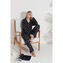 Prestij Homewear Kadın Kalp Desenli Düğmeli Pamuklu Gömlek Yaka Uzun Kollu Pijama Takımı