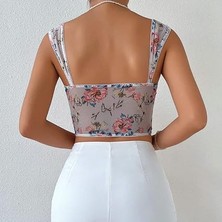 Akasha Design Çiçek Desenli Ekru Bustiyer Takım