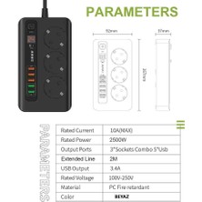 Akım Korumalı 3'lü Priz,zaman Ayarlı ve 5 Usb'li 2 Metre Uzatma Kablolu