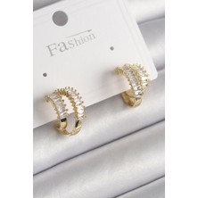 Pirinç Gold Renk 2'li Zirkon Taşlı Halka Model Kadın Küpe