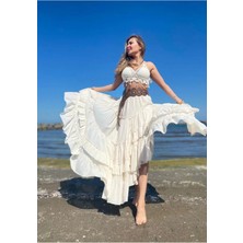 Bohem Stil Özel Tasarım Ham Keten Kadın Etnik Model Astarlı  Carmen Etek