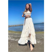 Bohem Stil Özel Tasarım Ham Keten Kadın Etnik Model Astarlı  Carmen Etek