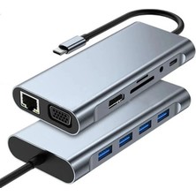 11IN1 USB Type-C Hub Port Adaptör Uyumlu, HDMI 4k/30hz, USB Ethernet 100W Pd Girişli