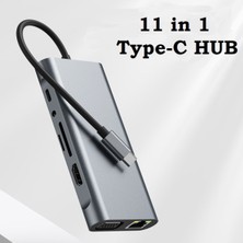 11IN1 USB Type-C Hub Port Adaptör Uyumlu, HDMI 4k/30hz, USB Ethernet 100W Pd Girişli