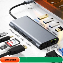 11IN1 USB Type-C Hub Port Adaptör Uyumlu, HDMI 4k/30hz, USB Ethernet 100W Pd Girişli