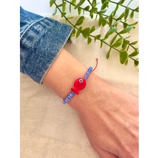 Atelier Çağla Kırmızı Cam Murano Balık Mavi Beyaz Çizgili Bileklik