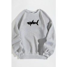 Shark Baskılı Sweatshirt Geniş Kalıp Ribanalı Sıfır Yaka