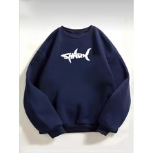 Shark Baskılı Sweatshirt Geniş Kalıp Ribanalı Sıfır Yaka