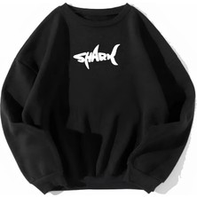 Shark Baskılı Sweatshirt Geniş Kalıp Ribanalı Sıfır Yaka