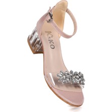 Kiko Kids Yangu Taşlı Kız Çocuk 3 cm Şeffaf Topuklu Sandalet Abiye Ayakkabı Pudra