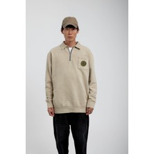 Nomarc Krem Cebi Brand Yazılı Yakası Fermuarlı Sweatshirt