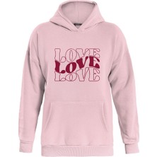 Softway Theree Love Baskılı Kapüşonlu Içi Yumuşak Polarlı Oversize Sweatshirt - Pembe