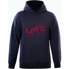 Softway Theree Love Baskılı Kapüşonlu Içi Yumuşak Polarlı Oversize Sweatshirt - Lacivert