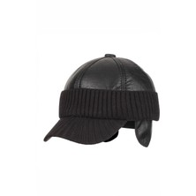 Külah Erkek Örgü Siper Detaylı Suni Deri Kulaklı Şapka - Siyah