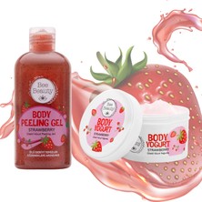 Bee Beauty Çilekli Vücut Peeling Jeli 250 ml -Çilekli Vücut Yoğurdu 250 ml 2li Set