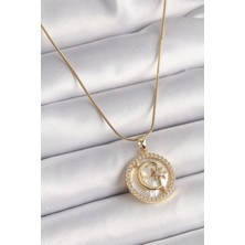 Pilelistore 316L Çelik Gold Renk Zincir Zirkon Taş Detaylı Beyaz Sedefli Ay Yıldız Model Kadın Kolye - TJ-BKO9638